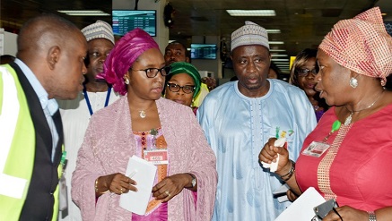 (L-r): Engr. Yemi Ayelesho; Capt. Mukhtar Usman, director general, Nigeria Civil Aviation Authority; Zainab Ahmed, minister of State, Budget & Planning; Nike Aboderin, director, Finance & Accounts; Lawal Zakari, National Director, Monitoring & Evaluation & Victoria Shin-Aba; Ag. AM, MMIA, during minister of State, Budget & Planning inspection visit to Murtala Muhammed Airport (MMA), Lagos, on Tuesday.